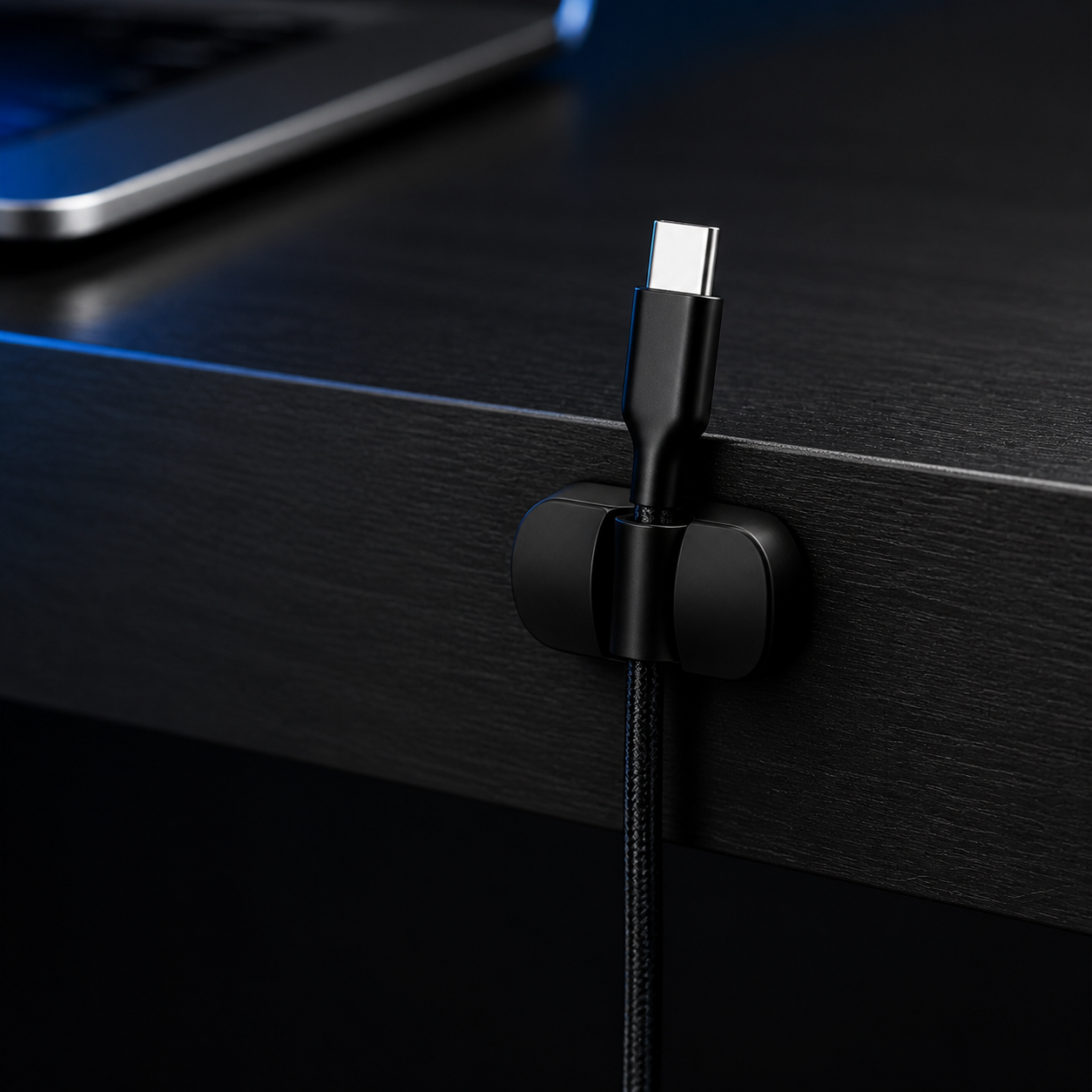 Magnetic cable clip holding a USB-C cable at the edge of a dark desk